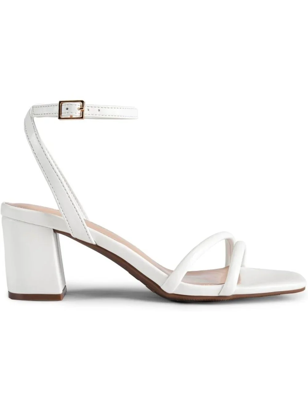 Women's White Faux Leather Square-Toe Chunky Block Ankle Buckle Heeled Sandals